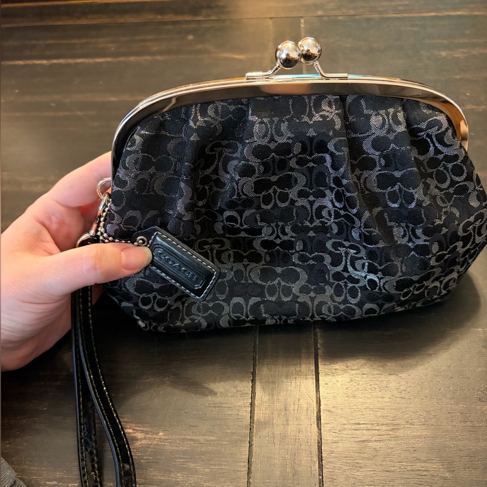 Coach Black Denim Optic Lurex Framed Kisslock Clutch